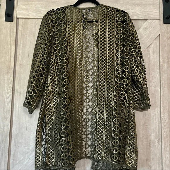 Chico’s Travelers Collection Foil Lace Jacket Tuscan Olive Gold  Women’s SZ 1 - Picture 2 of 4